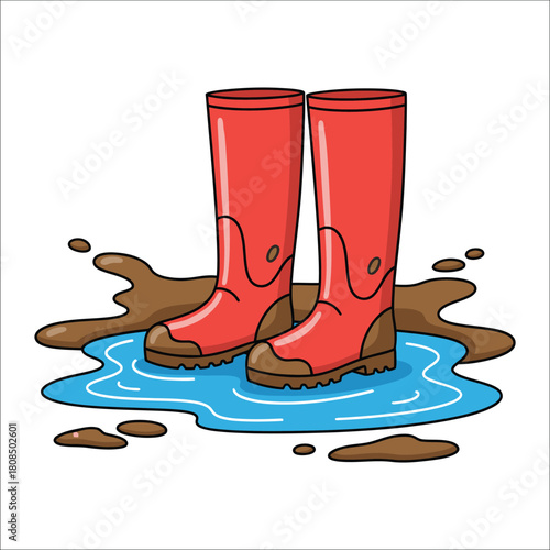 Red Rubber Boots Standing in Muddy Puddle red boots wellington boots
