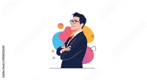 Illustration of a confident businessman in a suit with arms crossed, against a background of colorful abstract shapes.