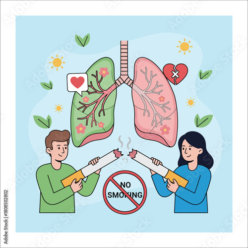 Couple breaks cigarettes near lungs symbol with no smoking sign anti-smoking health