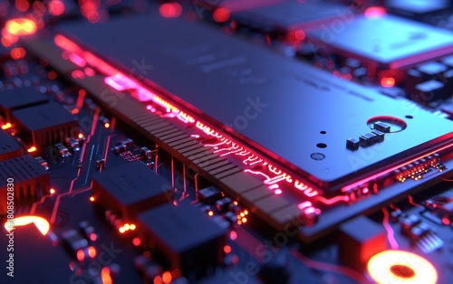 Close-up an illuminated RAM module on a circuit board, highlighting its intricate components and vibrant red and blue lighting.