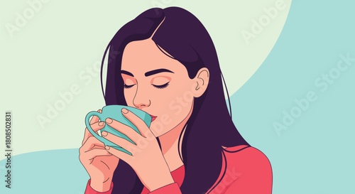 Woman with closed eyes drinking from a mug on a pastel background.