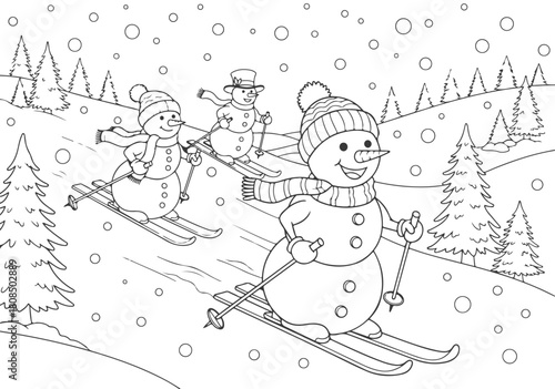 Skiing Snowmen Fun Winter Activity A delightful coloring book page for kids and adults, perfect for holiday creativity and snowy season enjoyment