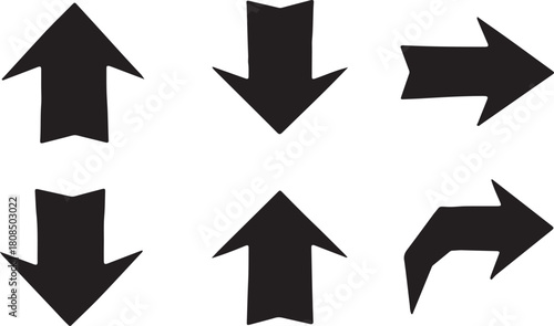 Collection of six textured black arrows pointing up down left and right isolated on white background.