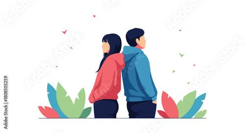 Two people in hoodies stand back to back with colorful leaves and confetti.