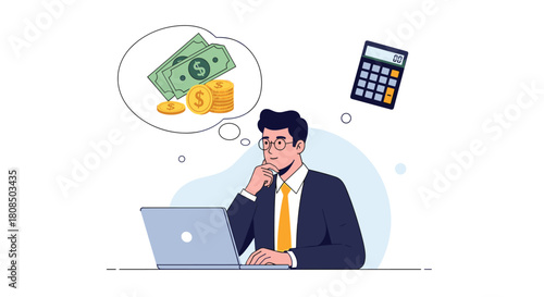 Business professional thinking about finances and using a calculator and laptop.