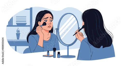 Anxious woman applies makeup in front of a mirror, expressing self-doubt.