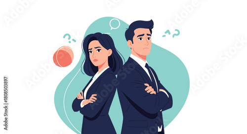 A man and woman in business suits stand back to back with their arms crossed, looking confused.