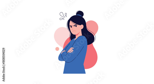 An angry woman with dark hair in a bun stands with her arms crossed, looking displeased.