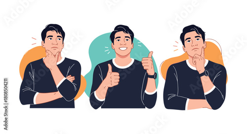 Man expressing different emotions with three distinct poses and backgrounds.