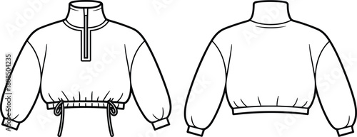 High neck cropped pullover top with front zip detail and drawstring hem, long sleeve fashion flat sketch template, cad drawing flat vector illustration