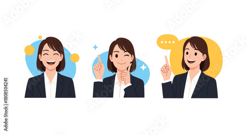 Three illustrations of a woman in a suit with different facial expressions and gestures, conveying ideas and emotions.