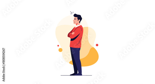 An angry man standing with his arms crossed, looking away with a stern expression.