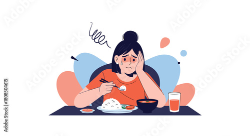 Sad, unwell woman with fever looking distressed while trying to eat a meal at a table.