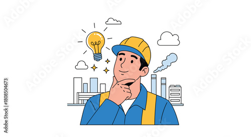 A thoughtful engineer in a hard hat contemplates a new idea with a lightbulb above his head.