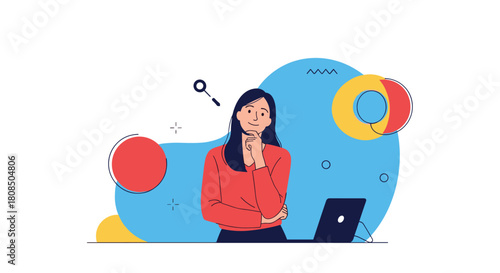 Young woman thoughtfully looking up with a laptop and abstract shapes surrounding her.