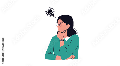 Young woman with glasses thinking with a scribble above her head on a white background.