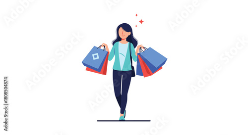 Woman happily walking with many shopping bags after a successful shopping trip.