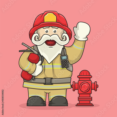 Cartoon firefighter in Santa costume waving beside a hydrant and holding an extinguisher, perfect for festive rescue themes
