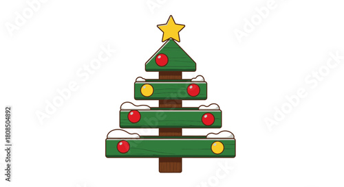 A stylized, cartoonish illustration of a Christmas tree decorated with ornaments and snow, topped with a star.
