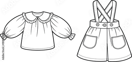 Kids blouse and suspender skirt fashion flat sketch with ruffle details, technical garment drawing, clothing pattern design, cad drawing flat vector illustration