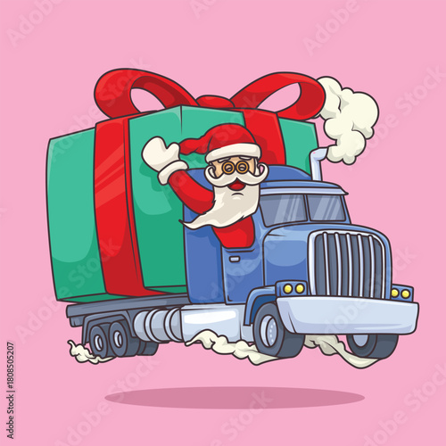 Santa's Festive Gift Delivery Truck. Santa cartoon driving a truck loaded with ribboned Christmas gifts, waving cheerfully in a festive trucker theme.
