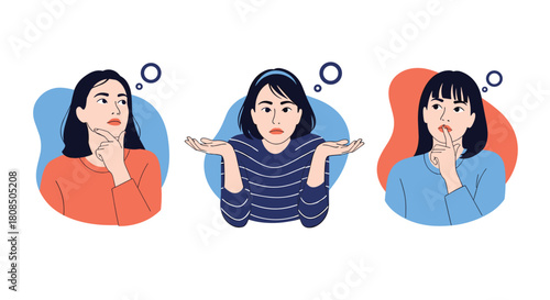 Three women contemplating different ideas or questions with thought bubbles above their heads.