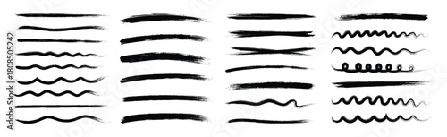 Chalk lines, hand drawn charcoal highlight strokes doodle set. Pencil underlines, kids crayon strips, brush line in sketch style. Marker pen highlight stroke.