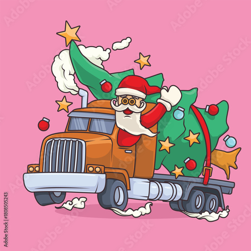 Santa cartoon driving a truck carrying a Christmas tree, waving cheerfully for festive trucker themes.