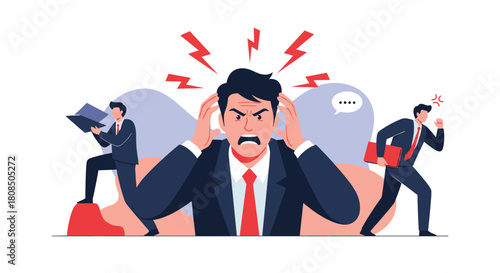 Frustrated businessman with hands on head surrounded by stressful work situations.