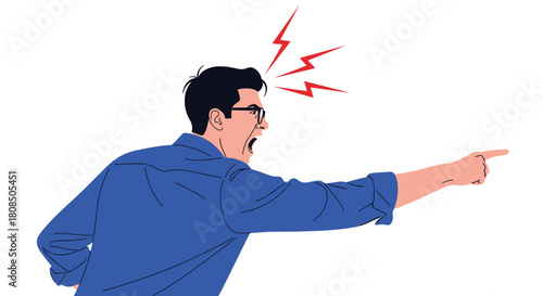 Man in a blue shirt yelling and pointing aggressively in an illustration.
