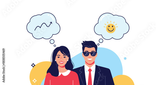 A man and woman with contrasting thoughts, one about financial growth and the other about happiness.