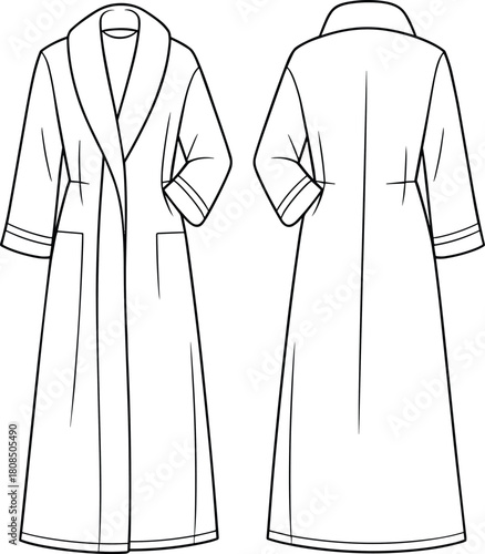 Long shawl-collar coat fashion flat, front and back technical sketch, minimalist overcoat design vector template for apparel illustration
