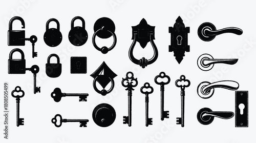 Collection of door hardware including keys locks and door knockers