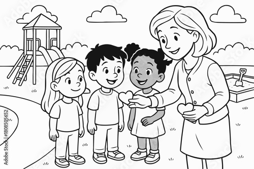 Children's coloring book - Teacher giving heart-shaped tokens to children in playground setting  