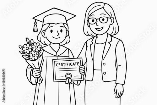 Children's coloring book - The girl receives a certificate and flowers from the teacher