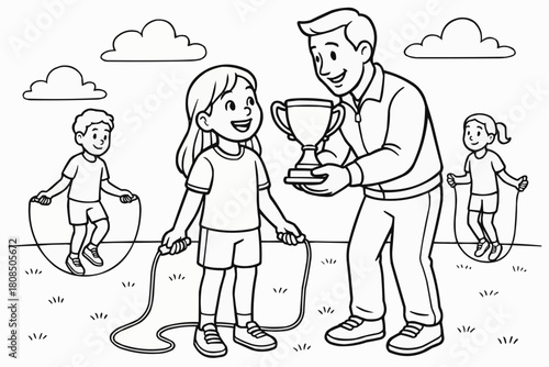 Children's coloring book - Child receiving trophy from adult while friends jump rope in park  