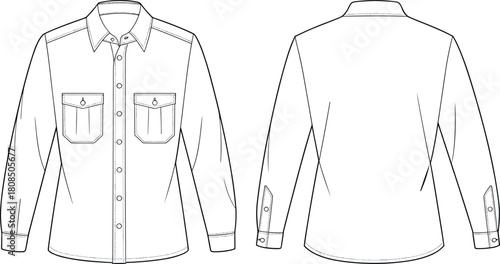 Long sleeve button down shirt technical flat sketch with pockets, collar details, stitching lines, apparel fashion CAD template front and back