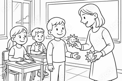 Children's coloring book - The teacher gives the students awards in the form of the sun in the classroom