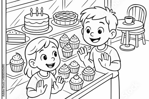 Children's coloring book - Children smiling and waving in front of a bakery display case  