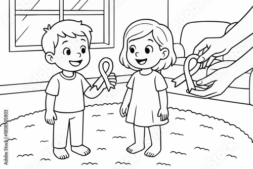 Children's coloring book - Two children exchanging ribbons in a colorful indoor setting  