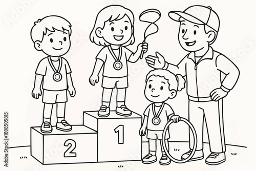 Children's coloring book - Children celebrating on winner's podium with coach and medals  