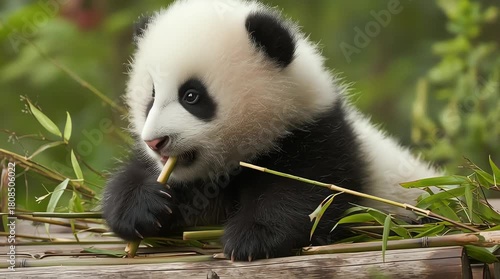 Cute Baby Panda Eating Bamboo Stick in Nature