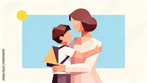 Illustration Of A Mother Hugging Her Child Before Leaving For School Vector Design Template