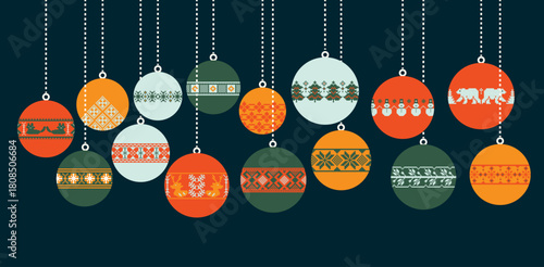 Nordic Christmas Tree Baubles and Ornaments. Happy Holidays and Seasons Greetings Card Design Elements