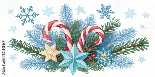 Vector  christmas  watercolor christmas composition with candy canes and pine branches