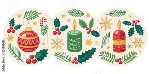 Vector  christmas  three christmas ornaments with candles and festive decorations