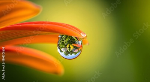 Macro Water Droplet on Orange Petal with Nature Reflection