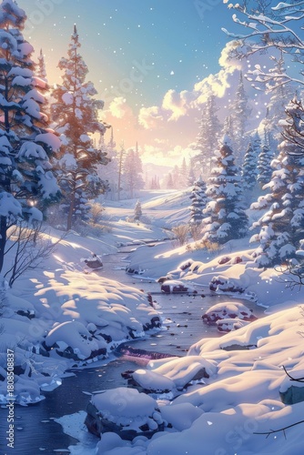 Sunrise in a Snowy Forest Winter Wonderland Stream
