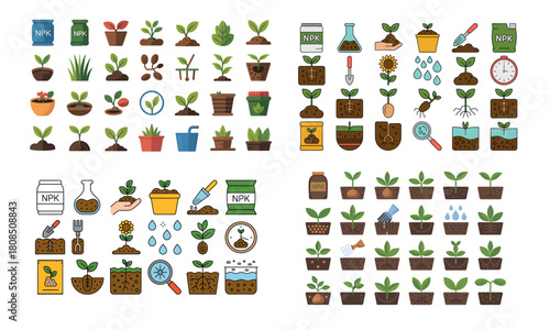 Plant growth process illustration set with gardening tools and seedlings
