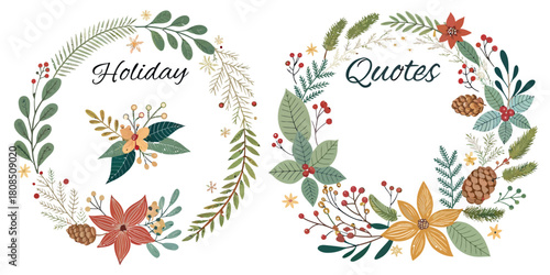 Vector  christmas  two decorative christmas wreaths with floral and pinecone elements